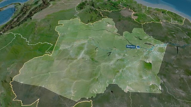 Amazonas - state of Brazil with its capital zoomed on the satellite map of the globe. Animation 3D