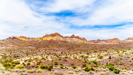 Colorful and Rugged Mountains along highway SR 165 in El Dorado Canyon on the border of Nevada and Arizona. The canyon is part of the Lake Mead National Recreation Area in the USA