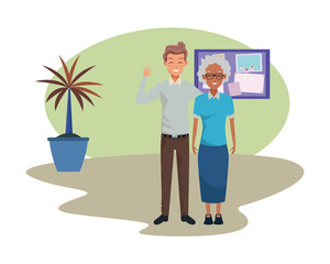 Family grandmother with adult son cartoon