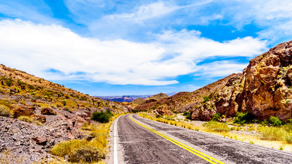 Colorful and Rugged Mountains along Highway SR 165 into the El Dorado Canyon on the border of Nevada and Arizona. The canyon is part of the Lake Mead National Recreation Area in the USA