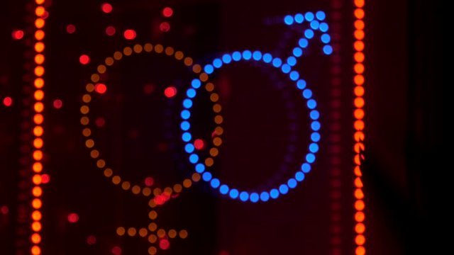 Bright neon sign of gender symbols at the entrance to the sex shop. Night time. Close up.