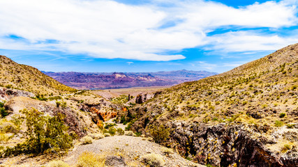 Colorful and Rugged Mountains and Ravines in El Dorado Canyon on the border of Nevada and Arizona. The canyon is part of the Lake Mead National Recreation Area in the USA
