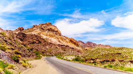 Colorful and Rugged Mountains along Highway SR 165 into the El Dorado Canyon on the border of Nevada and Arizona. The canyon is part of the Lake Mead National Recreation Area in the USA