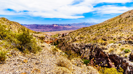 Colorful and Rugged Mountains and Ravines in El Dorado Canyon on the border of Nevada and Arizona. The canyon is part of the Lake Mead National Recreation Area in the USA