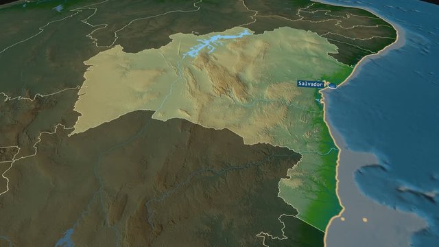 Bahia - state of Brazil with its capital zoomed on the physical map of the globe. Animation 3D
