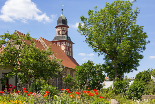View of the small half-timbered church in Raben.