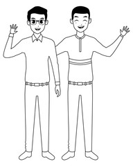 Family father with adult son cartoon in black and white