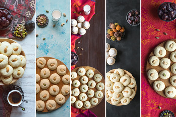 Collage of cookies of El Fitr Islamic Feast. Ghorayeba sweets. Ramadan food background