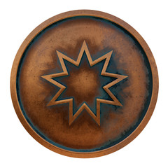 Bahai symbol on the copper metal coin 3D rendering