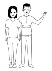 Young adult couple greeting cartoon in black and white
