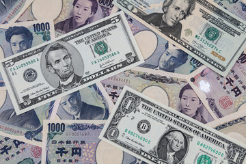 Assorted American and Yen banknotes