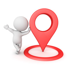 3D Character leaning on red location pin wih circle below