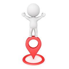 3D Character standing victorious on top of location pin