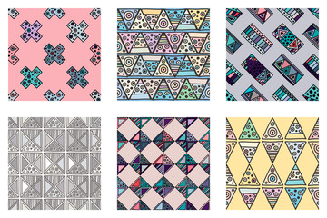 Fototapeta premium Seamless vector pattern. geometrical background with hand drawn decorative tribal doodle elements. Print with ethnic, folk, geometrical motifs. Graphic geometric illustration, squres, dots, rectangles