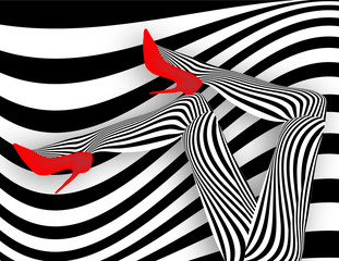 A woman's striped stockings and high heels are featured in an op art beauty and fashion illustration.