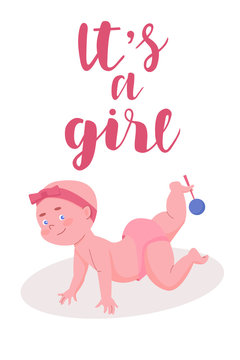 Its a girl greeting card with Cute funny baby in a diaper with rattle in his leg. Isolated a baby girl character in Flat style. Vector illustration