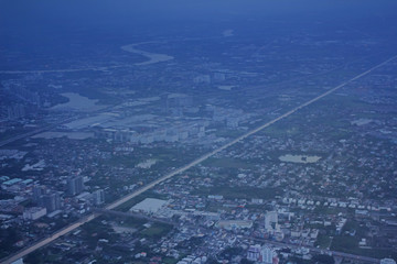 High angle top view on plane,Thailand's major rivers Bangkok Thailand capital, At morning 6 o'clock,Tropical zone asia.