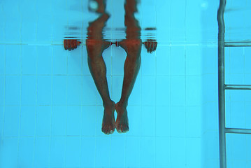 adult African American man's legs underwater in swimming pool