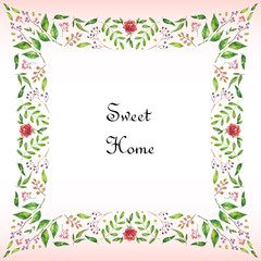 Vector frame of floral branch, wreaths Flower pink rose, leaves. Wedding concept. Floral poster, invite.