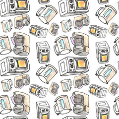 Kitchen seamless pattern. Tiling textures with thin line black and white icons set