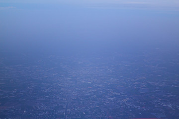 High angle top view on plane,Chao Phraya River Thailand's major rivers Bangkok Thailand capital, At evening at 4 o'clock,Tropical zone asia.