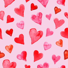 Seamless pattern with watercolor hearts on pink background. Hand drawn illustration. Paper and fabric design