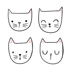 Set of cute doodle cats. Hand drawn cat faces with different emotions and expressions. Funny animal character.