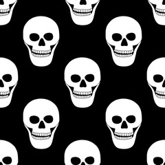 Vector black and white hand drawn seamless pattern, illustration of skull with tooth, silhouette face of human print horror for fabric. Mexican style, day of the dead, halloween Sketch, doodle drawing