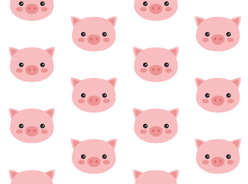Cute pig head vector pattern. Kawaii seamless background.