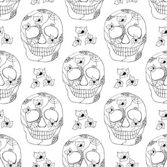 Vector hand drawn seamless pattern illustration of skull Print horror for t shirt. Mexican style, day of the dead, halloween.