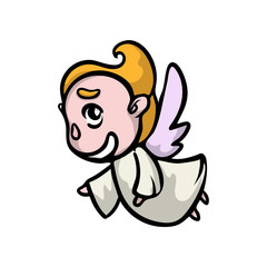 Cute blonde flying angel with wings and white clothes