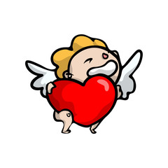 Cute smiling blonde kid angel with big red heart