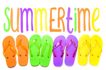 Colorful flip flop sandals isolated on white background. Top view with summertime illustrative text