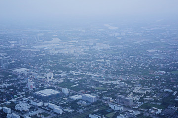 High angle top view on plane,Thailand's major rivers Bangkok Thailand capital, At morning 6 o'clock,Tropical zone asia.