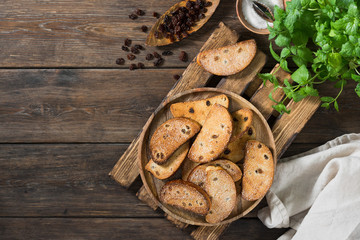 Crackers with raisins and sugar. Rustic style