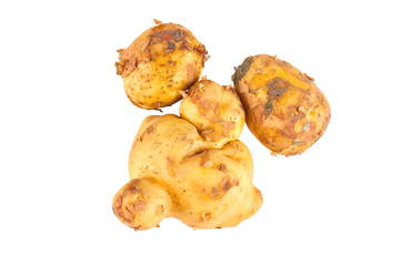 Fresh white potatoes isolated on white background. The view from the top. Organic food background.