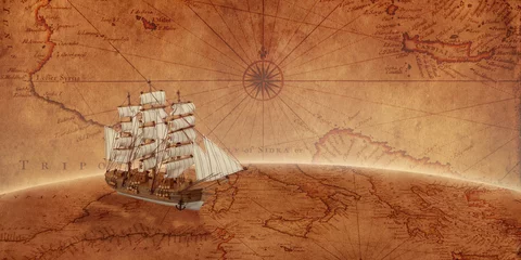 Wall murals Schip Old sailing ship on an old world map. Concept of sea adventure expedition.