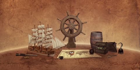 Pirate things concept on an old world map. Ship, map, compass, treasure chest, rudder, telescope.