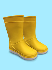 Yellow rubber boots on blue background. White sole