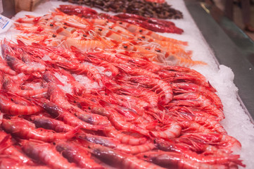Fresh shrimps on ice at the  market stall