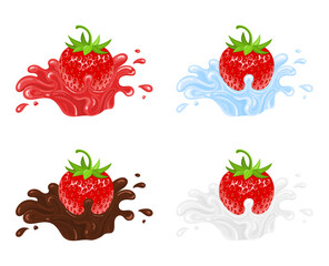 Set of red fresh realistic strawberry with juice, water, chocolate and milk splashes isolated on white background. Sweet food. Organic fruit. Vector illustration for any design.