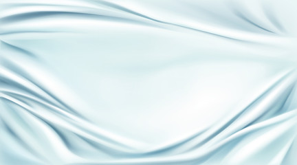 Blue silk draped fabric background. Luxurious folded glossy turquoise textile frame with smooth center, cover decoration, promo poster, advertising magazine banner. realistic 3d vector illustration