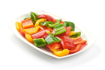 Grilled bell pepper mix, fried vegetables bbq, close-up, isolated on white background
