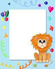 Cute greeting card for kids with lion. Baby blue frame with shadow Birthday invitation with place for text.