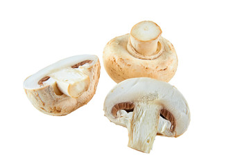 Fresh sliced champignons isolated on white background. Background of organic food.