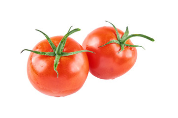 Two resh tomatoes isolated on white background. Background of organic food.