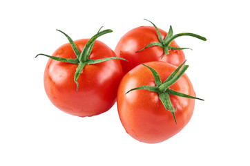 Three fresh tomatoes isolated on white background. Background of organic food.