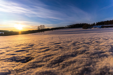 Fototapeta premium Beautiful winter sunset over a hilly landscape. Vast meadow covered in snow. Sun peaking over the horizont, orange and yellow colors, blue sky. 
