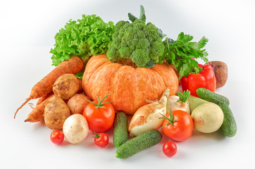 Food photography different vegetables isolated white background. Organic food background.