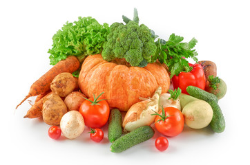 Food photography different vegetables isolated white background. Organic food background.